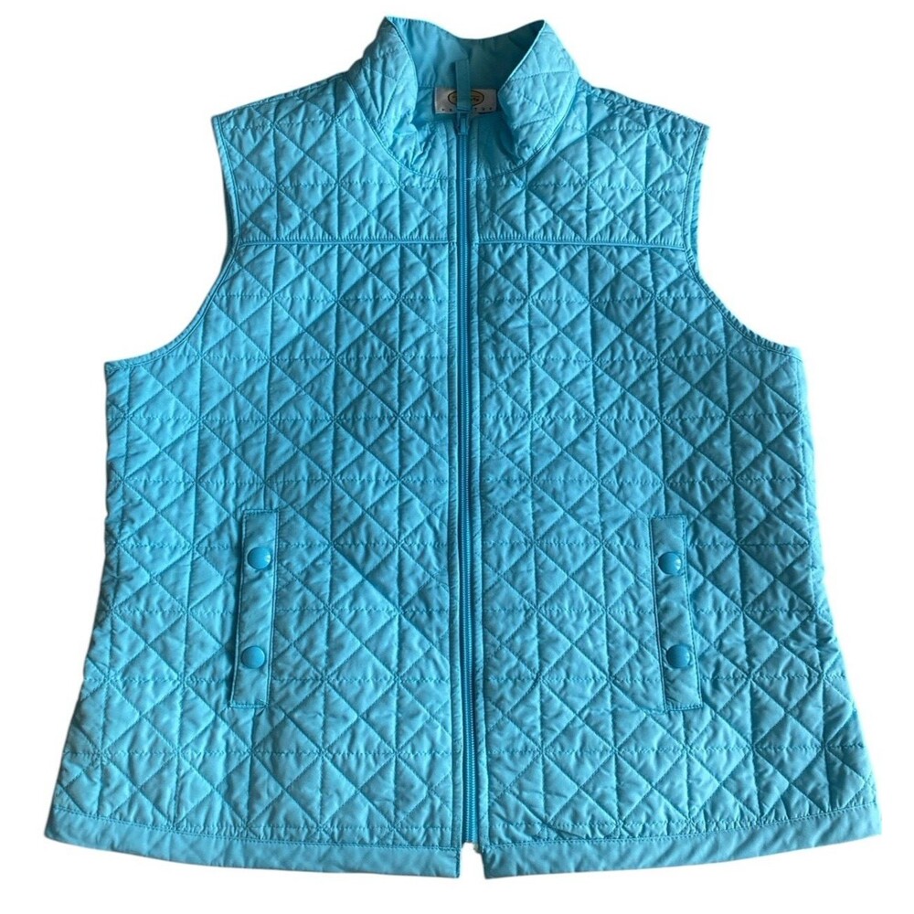 Talbots Petites Quilted Vest Womens Large Blue Full Zip Pockets Lightweight